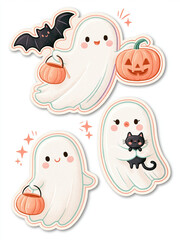 Fototapeta premium Cute ghost halloween sticker pumpkin bat black cat white sheet spooky cartoon kawaii smiley ghost orange pumpkin jack o lantern cat night costume festive decoration paper cut pastel adorable