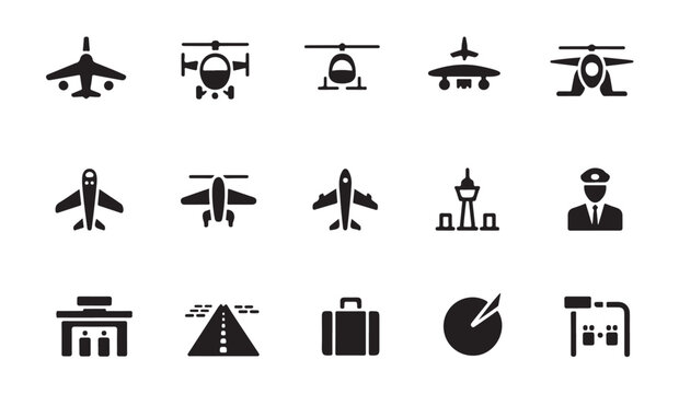 Collection of filled airplane and helicopter icons, solid plane and chopper symbols, airport signs.