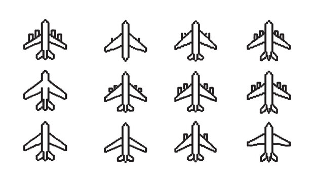 Collection of pixel art airplane outline icons, 8-bit style plane symbols, retro aircraft signs.
