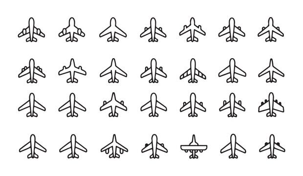 Set of various airplane outline icons, linear plane symbols, thin line aircraft signs for travel and aviation.