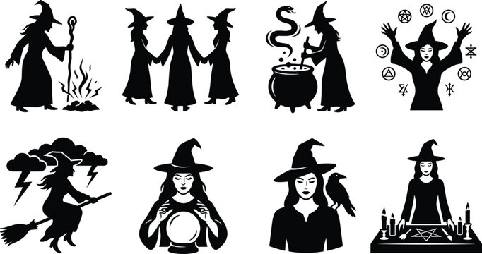 Set of black witch silhouettes with cauldron broomstick crystal ball and magical symbols for Halloween design
