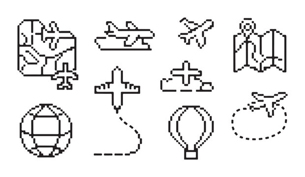 Pixelated travel icons and symbols showing airplanes maps globe hot air balloon and airplane routes.