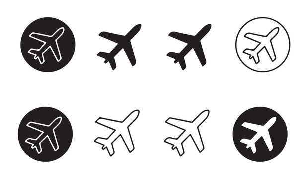 Various airplane icons in outline and filled styles, plane symbols in circles and stand-alone designs.