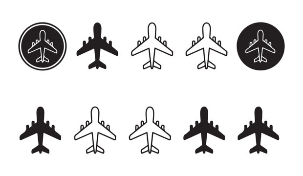 Airplane icons in various styles solid and outline silhouette in black and white for diverse applications.