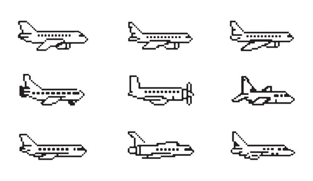 Collection of pixelated airplane illustrations depicting various aircraft types with retro computer graphics style.