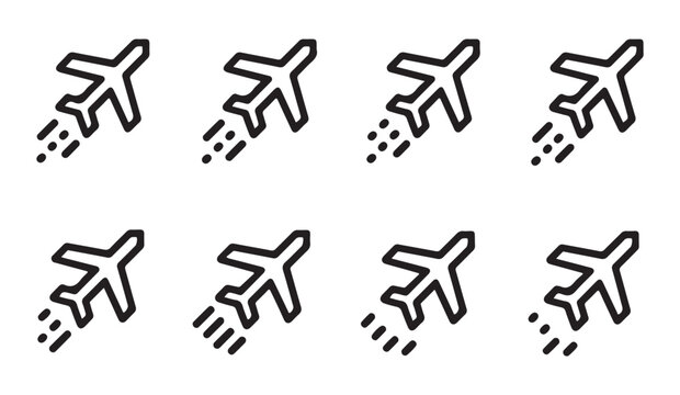 Eight airplane icons in a row showing motion trails indicating speed and fast travel movement.