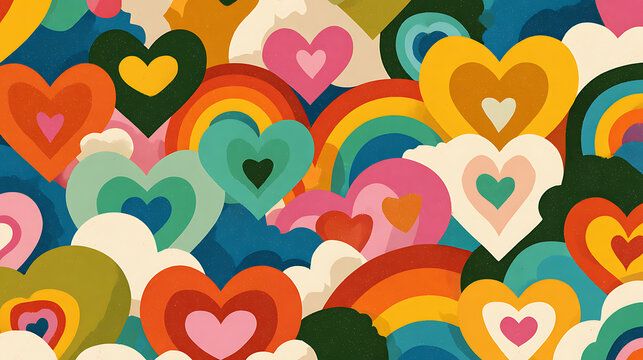 Retro Pixel Art Pattern Of Colorful Hearts And Vibrant Rainbows In A Fun Whimsical Style Background