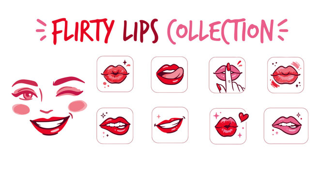 Flirty Lips Collection, Red and Pink Comic Vector Icons with Winking Woman Face