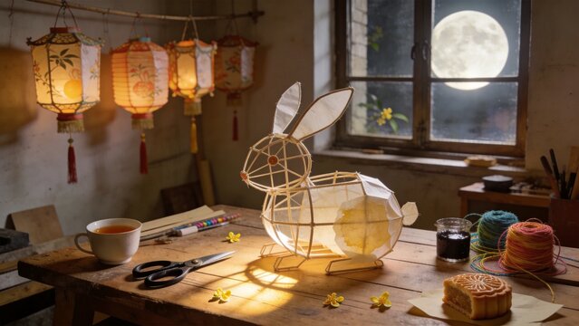 Mid-Autumn Festival Craft: A wooden rabbit lantern skeleton sits on a rustic table, adorned with traditional paper lanterns and a cup of tea, under the soft glow of the full moon outside the window.