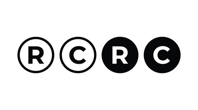 Four minimalist circular icons featuring simple bold uppercase letters r and c in black white