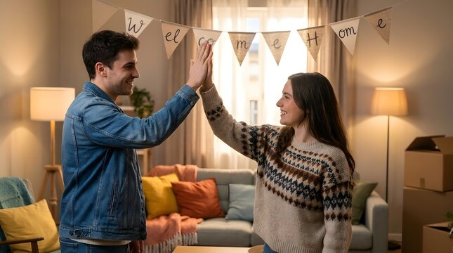 Couple high-fiving in living room with welcome home banner.