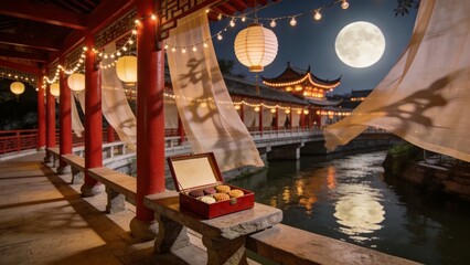 Obraz premium Mid-Autumn Festival by the Waterway: Traditional Chinese lanterns illuminate a scenic bridge adorned with festive lights, overlooking a calm waterway under a clear night sky with two full moons.