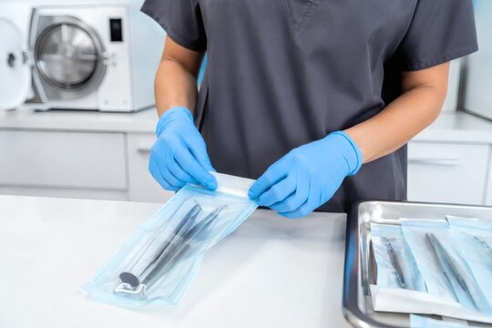Medical assistant packing sterile dental tools in pouch for autoclave sterilization process in modern clinic
