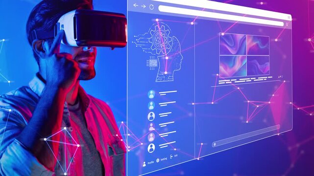 A user engages with an immersive virtual reality interface, highlighting the cutting-edge technology and digital creativity that define modern innovation and connectivity. Raster