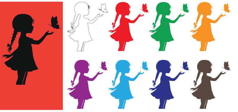 Minimalist girl silhouette with butterfly vector set, colorful female child profile icons, 10 flat design character elements for nature and childhood themes