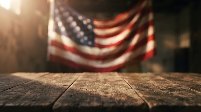 Rustic wooden table surface in front of a blurred american flag background for product display