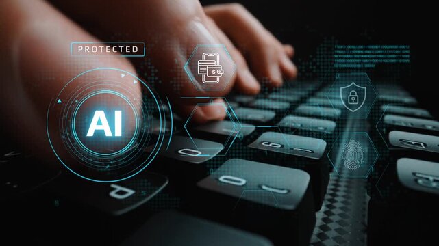 Futuristic Technology Concept Representing Cybersecurity and Artificial Intelligence with Hands on Keyboard and Digital Icons for Protection. Entropy.