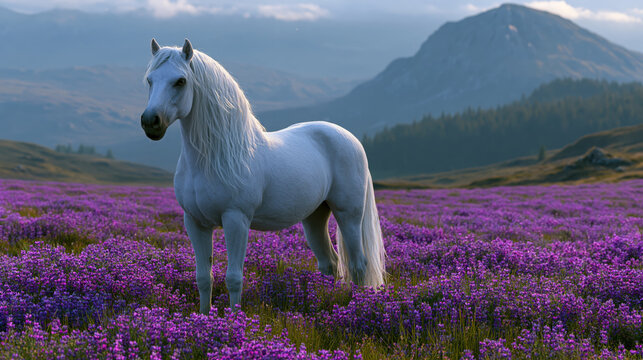 White horse wildflower meadow mountain landscape purple flower standing horse pasture rural scene spring season scenic view animal portrait