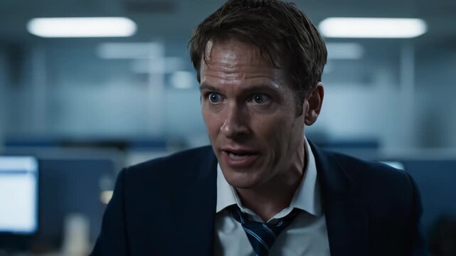 Suit men's office scene, workplace men react with surprise