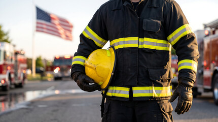Fototapeta premium Firefighter holds a bright yellow helmet against his dark uniform during the golden hour near the station.