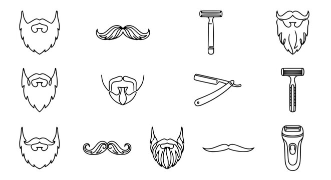 Beard Styles and Shaving Tools Collection: Mustache, Beard, Razor, Electric Shaver