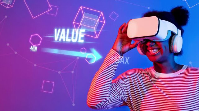 A young woman wearing a virtual reality headset smiles while engaging with digital graphics and vibrant backgrounds, capturing the essence of modern technology and fun. Raster
