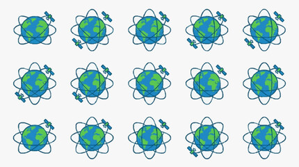 Industrial of Earth Themed Atomic Particles with Orbiting Satellites in Blue and Green Color Scheme © sedap