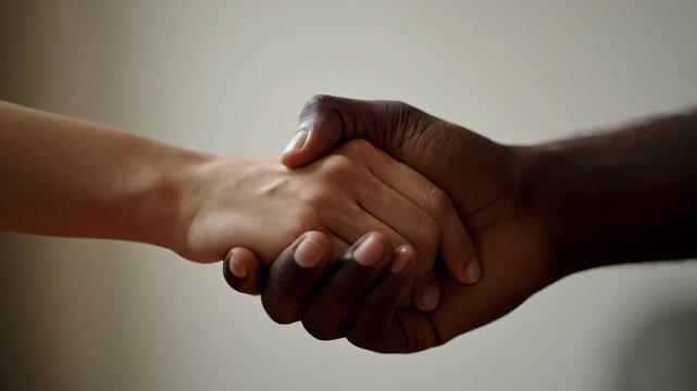 A scene of two people shaking hands and collaborating, a handshake moment that transcends skin color