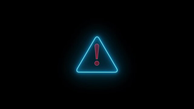 Neon glowing  warning sign glowing on black background, digital alert symbol animation caution danger. Neon glowing warning triangle sign. risk, caution, danger 4k video