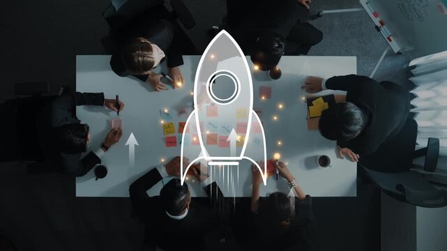 Engaged team members collaborate in a modern office setting, illustrating innovative strategy planning and creative growth concepts for business success. Raster