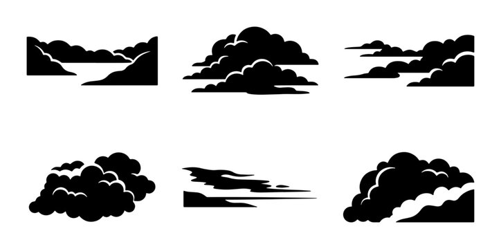 Black Cloud Silhouettes, Weather Icons Set, Sky Elements Collection