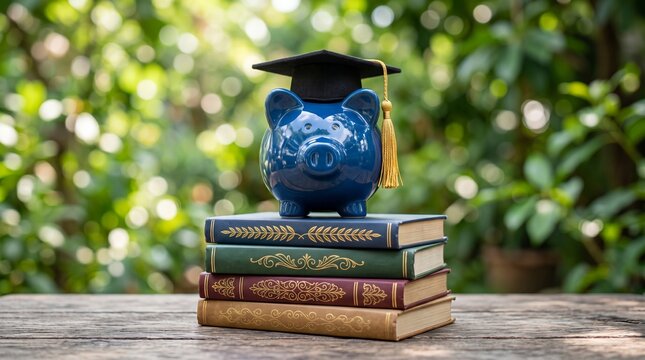 Piggy Bank with Graduation Cap on Books for Education Savings Concept