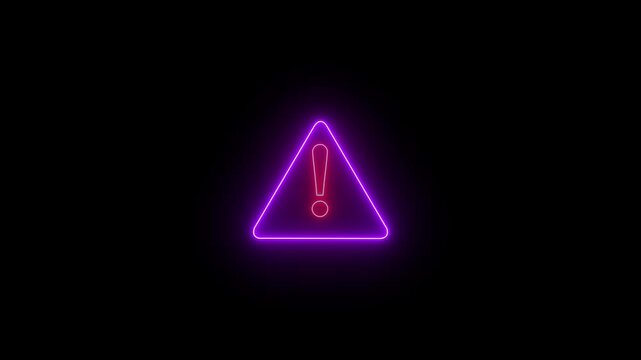 Neon glowing  warning sign glowing on black background, digital alert symbol animation caution danger. Neon glowing warning triangle sign. risk, caution, danger 4k video