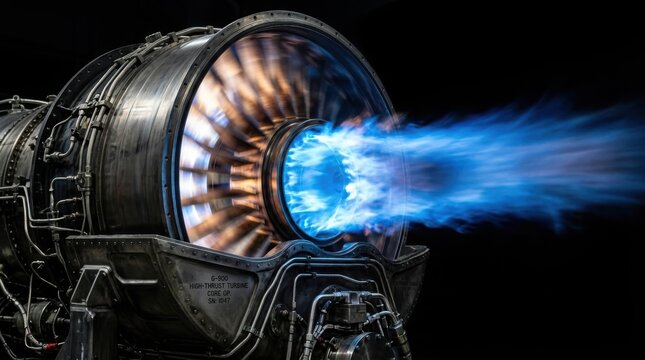 Jet engine turbine in operation. Powerful aircraft propulsion system with blue exhaust flame.