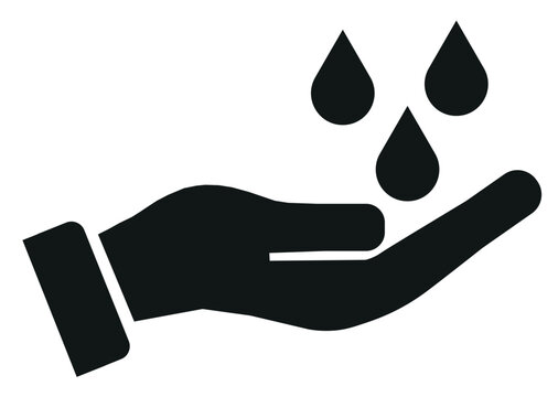 A black and white icon depicting a human hand catching three falling water drops, symbolizing hydration, cleanliness, or water conservation.