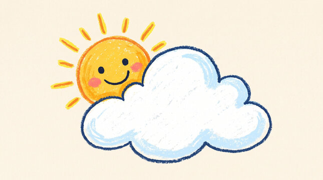 Cute hand-drawn illustration of a smiling yellow sun peeking from behind a fluffy white cloud for children's weather themes
