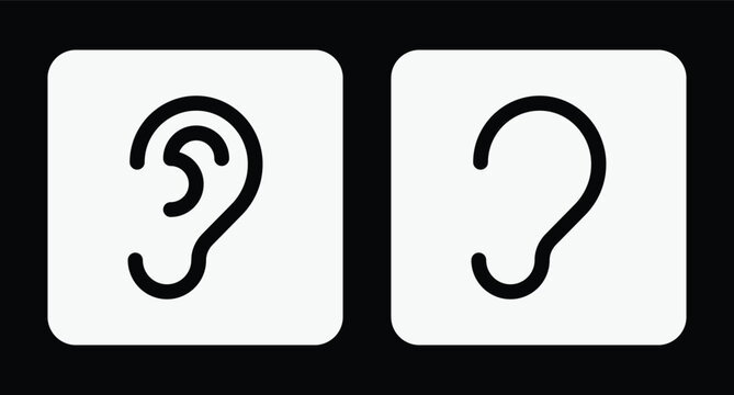 Ear and hearing icon set for audio settings and medical app UI on black background