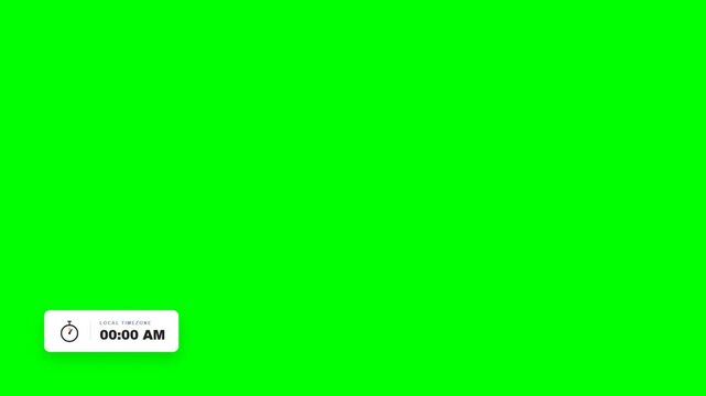 Digital local time clock widget with stopwatch icon on green screen background.