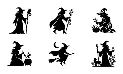Fototapeta premium Witch Silhouettes Collection, Halloween Icons, Magic Symbols, Spooky Characters, Vector Graphics Set