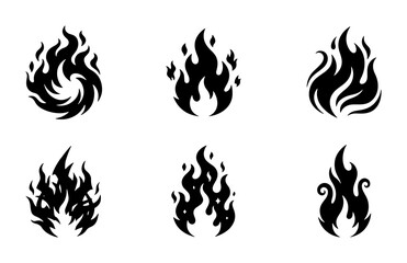 Naklejka premium Black Fire Flame Icons Set, Abstract Burning Energy Symbols, Stylized Heat Embers Vector Graphics