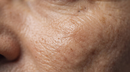Fototapeta premium Macro View of Aged Skin: Extreme close-up showcasing the intricate texture of mature human skin, highlighting wrinkles, pores, and subtle variations in tone.