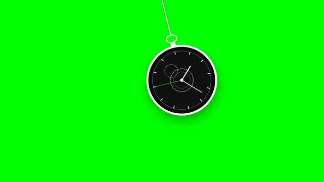 Vintage pocket watch swinging like a hypnosis pendulum against a bright green screen background.