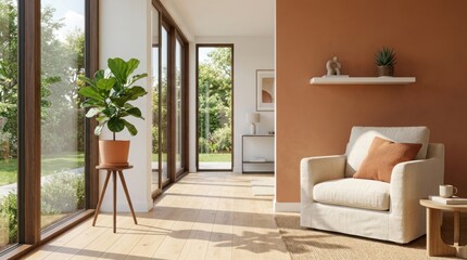 Fototapeta premium Minimalist living room with terracotta wall. Modern interior design with cozy armchair.