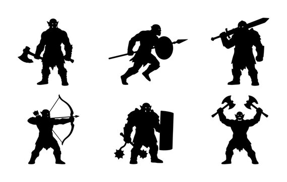 Fantasy Warrior Silhouettes, Orcs with Weapons, Medieval Combat Icons, Vector Set