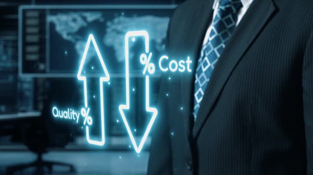A businessman stands near a digital screen, showcasing arrows symbolizing changes in quality and cost metrics, illustrating important business concepts in a modern workspace. Qubit