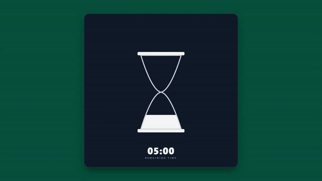 Minimalist hourglass timer icon showing five minutes countdown display on dark background.