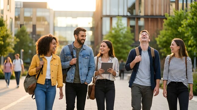 Diverse college students walking together on sunny campus.