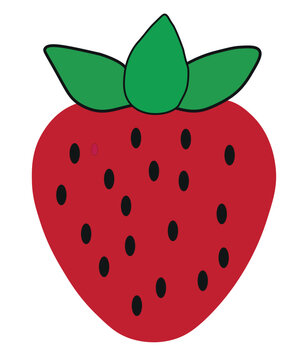 A simple, vibrant red strawberry with green leaves and black seeds illustration.