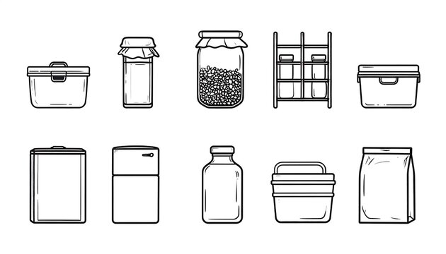 Minimalist line art collection of household containers.
