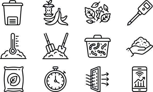 Organic composting line art icon set with zero waste recycling and vermicomposting system outline vectors isolated on white background